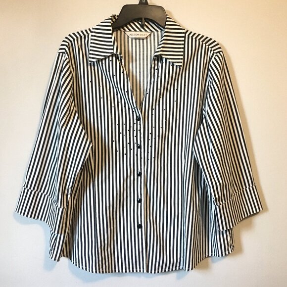 Gothic Beetlejuice Striped Button Down Rhinestone Shirt - Picture 1 of 16